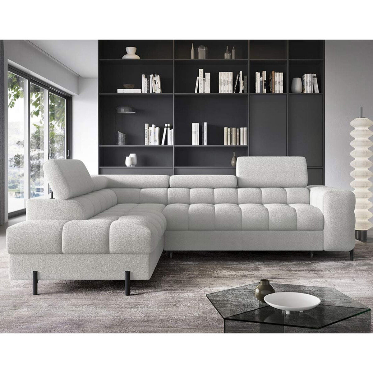 Elisa - canapé d'angle gauche 5 places convertible avec coffre et têtières réglables en tissu bouclette - Gris clair