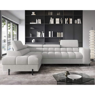 Elisa - canapé d'angle gauche 5 places convertible avec coffre et têtières réglables en tissu bouclette - Gris clair