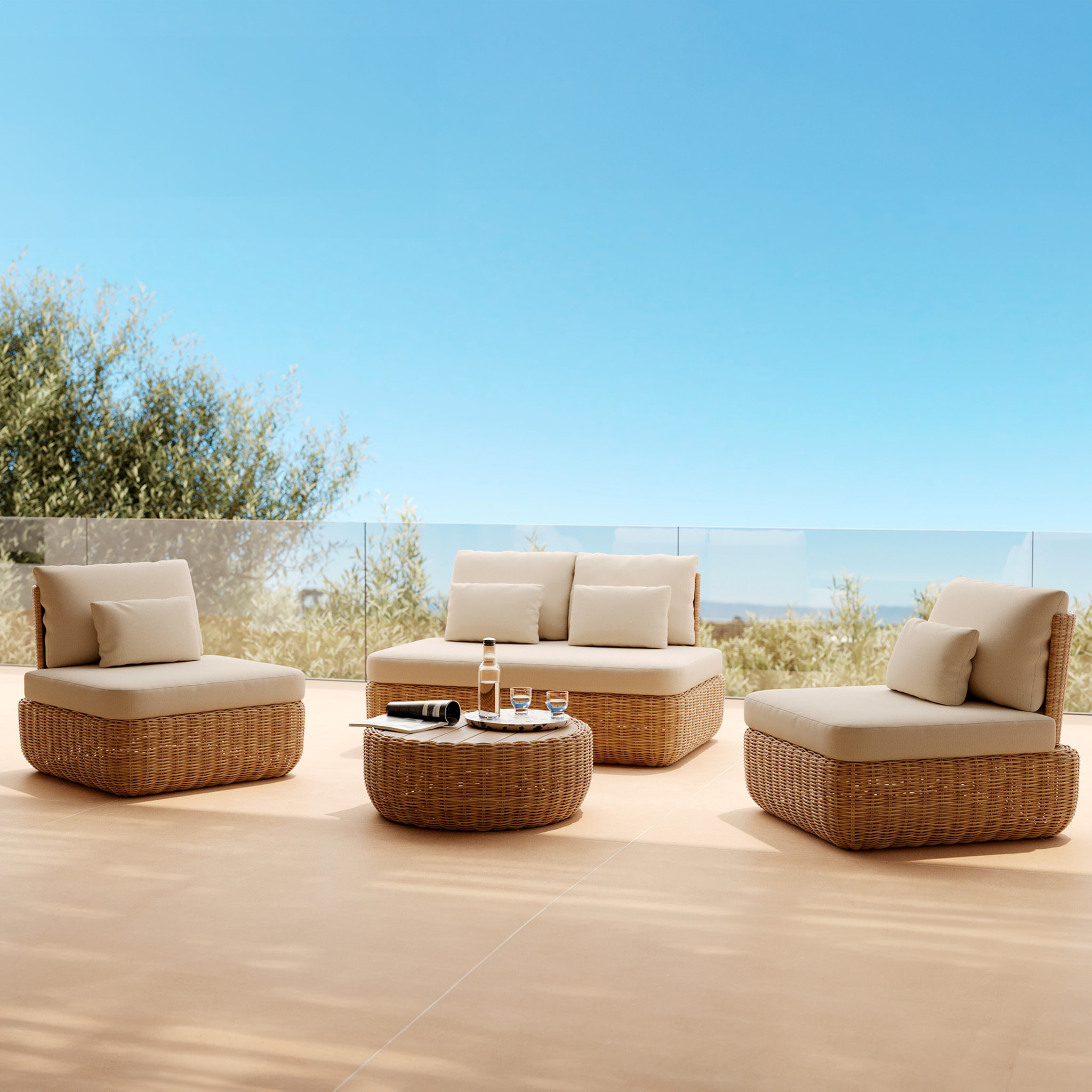 Canapé de jardin en rotin synthétique et tissu beige 2 places - Sky