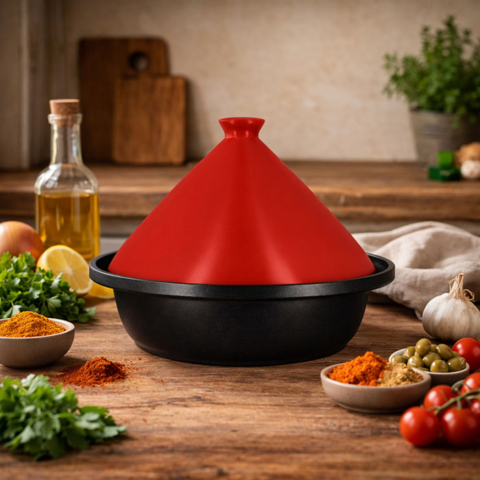 Tajine d24cm fond alu induction couvercle en céramique magenta