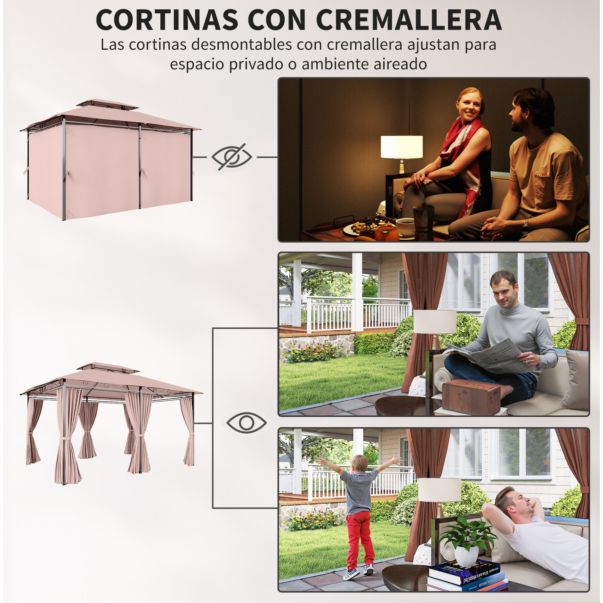 para Jardín 3x4 m Pérgola de Jardín Gazebo con Doble Techo Paredes Laterales Resistente al Agua Carpa para Exterior Terraza Patio Caqui