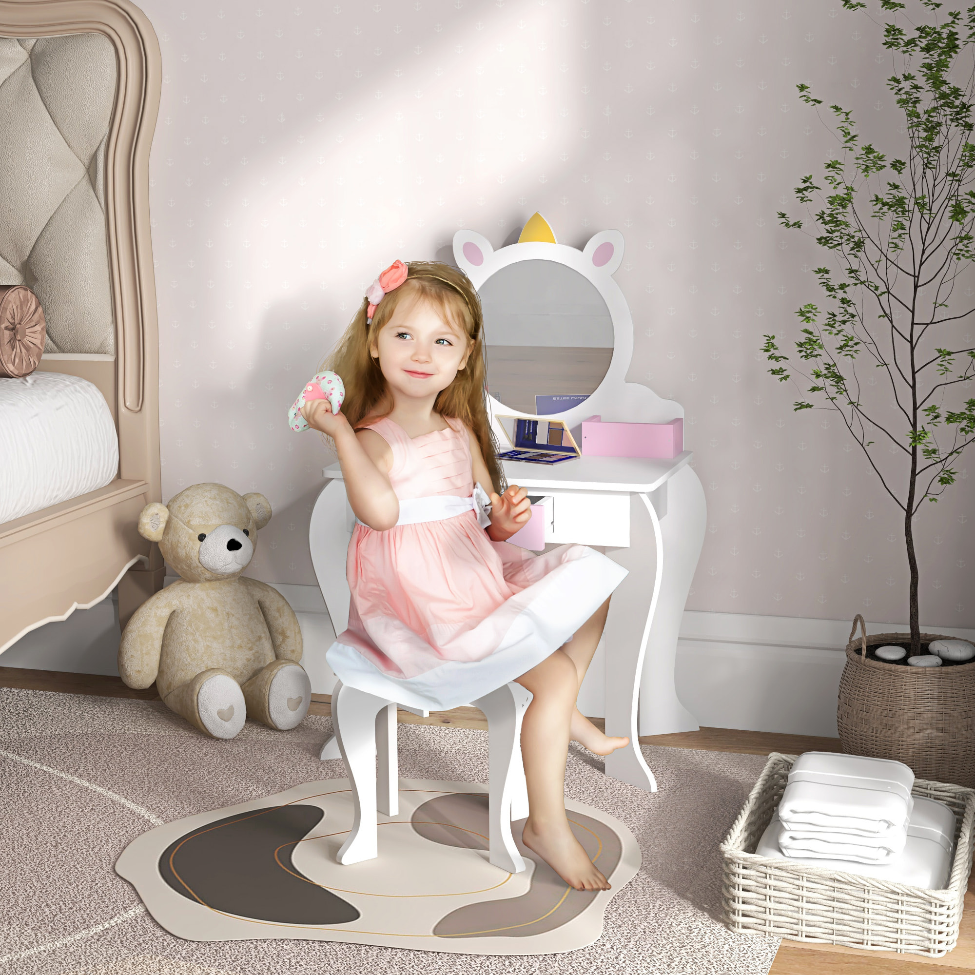 Tocador Infantil con Taburete y Espejo, Tocador para Niñas con Cajón, Compartimentos, Diseño de Unicornio, Mesa de Maquillaje para Niños y Niñas de 3-6 Años, Blanco