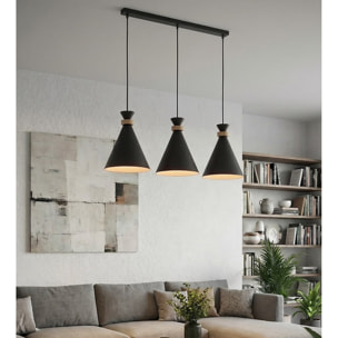 Lampada a sospensione Zero in acciaio nero opaco e legno