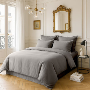 Drap Housse - Bonnet:30cm 100% Satin De Coton lavé 105 Fils Gris Clair