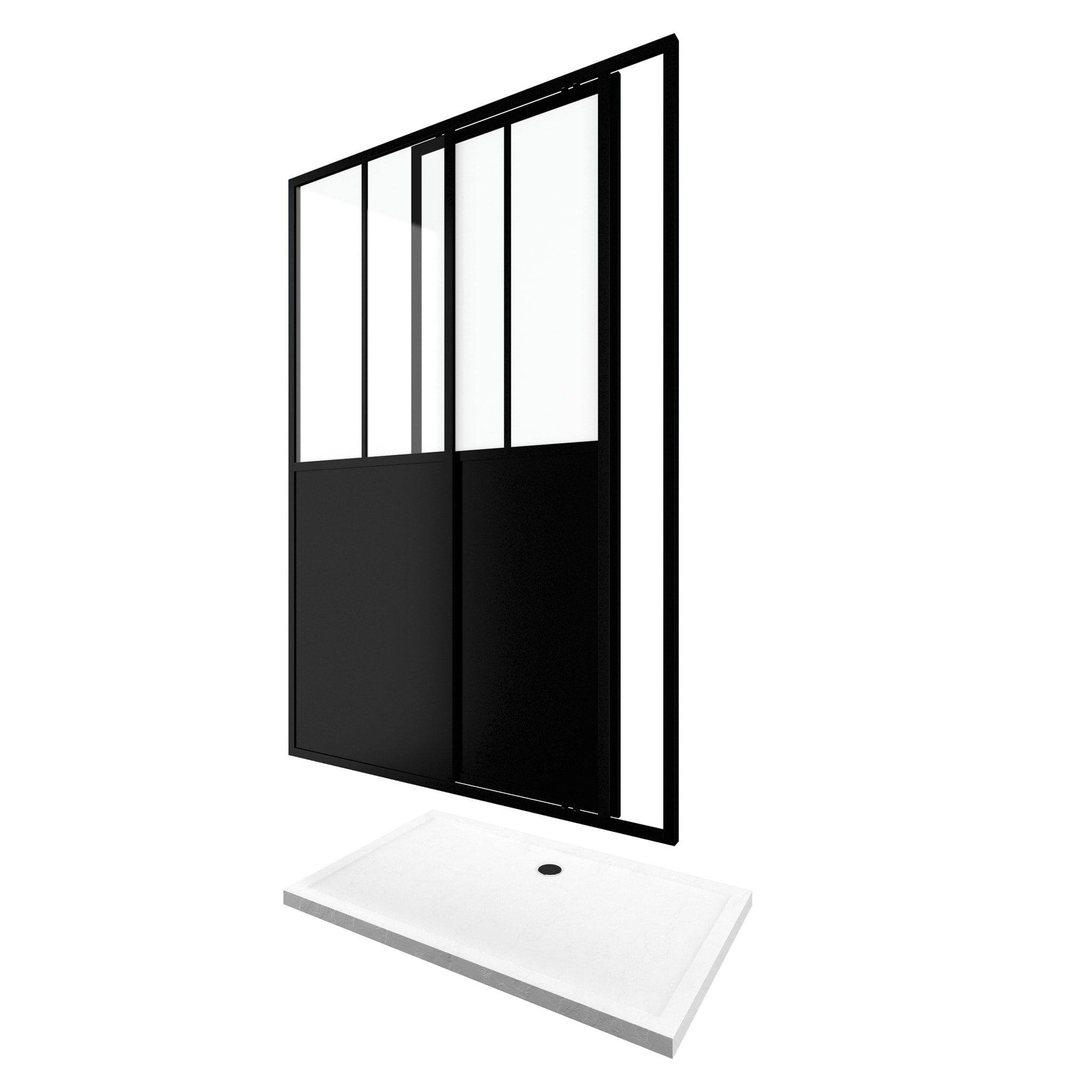 Pack Porte Coulissante Noire Mate Type 'Atelier' et Receveur Blanc Effet Pierre - 120x80x200 cm