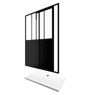 Pack Porte Coulissante Noire Mate Type 'Atelier' et Receveur Blanc Effet Pierre - 120x80x200 cm