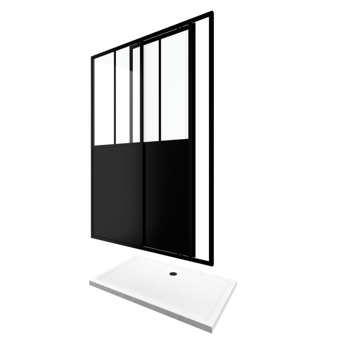 Pack Porte Coulissante Noire Mate Type 'Atelier' et Receveur Blanc Effet Pierre - 120x80x200 cm
