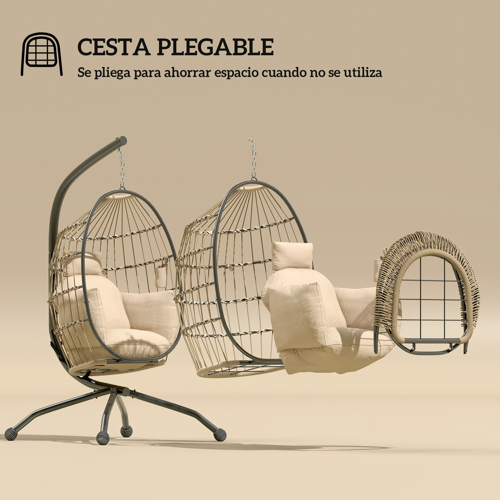 Silla Colgante Huevo con Soporte Columpio Jardín Exterior con Cesta Plegable Cojín y Reposacabezas Portavaso Columpio Colgante para Interior y Exterior Carga 120 kg Caqui