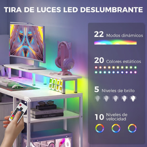 Mesa de Escritorio Mesa de Ordenador con Luces LED Estantes Cajones Tomas de Corriente Puertos USB y Soporte para Monitor para Oficina Estudio 155,5x48x88,5 cm Blanco