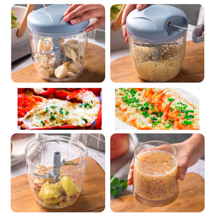 Picadora multiusos con cuchillas de acero inoxidable, corte multidireccional y 900ml de capacidad.