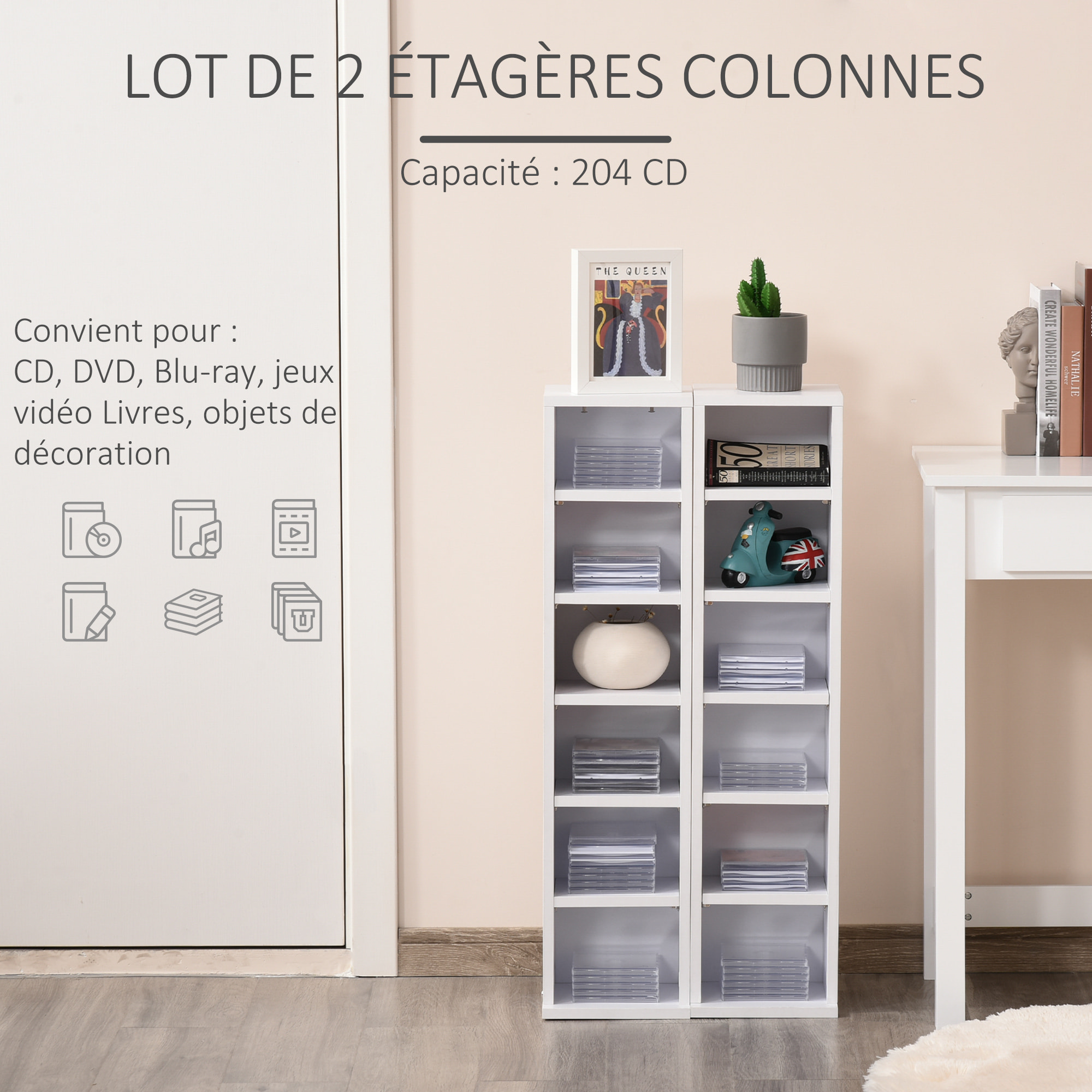 Lot de 2 étagères colonnes armoire de rangement CD 6 + 6 compartiments blanc dim. 21L x 22,5l x 88,5H cm