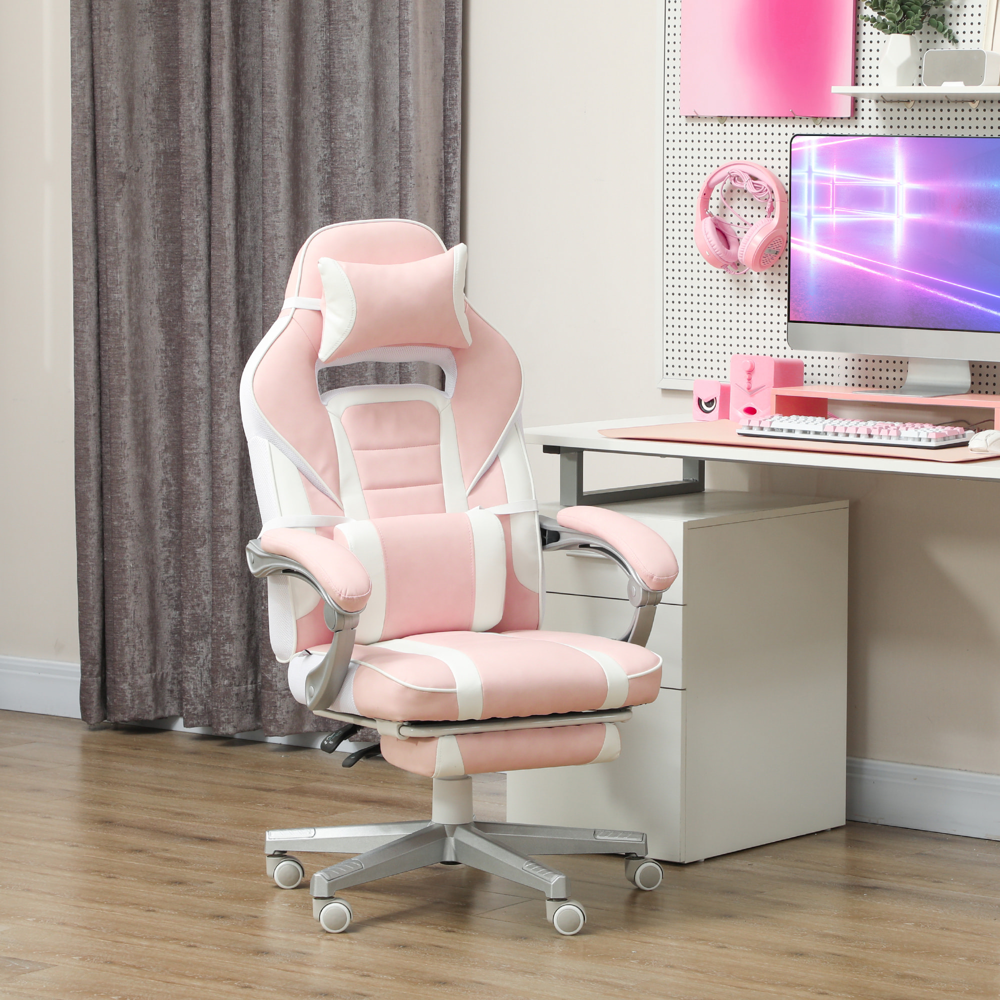 Chaise gaming inclinable réglable repose-pieds rétractable blanc rose pâle