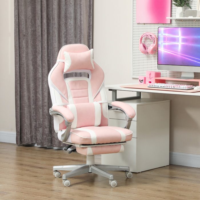 Chaise gaming inclinable réglable repose-pieds rétractable blanc rose pâle