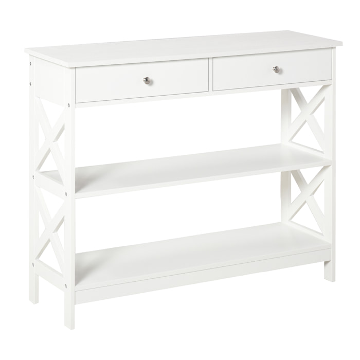 Console style table de drapier néo-rétro 2 tiroirs 2 étagères dim. 100L x 30l x 80H cm MDF blanc