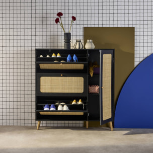 Meuble à chaussure cannage Bohème noir. 3 tiroirs. 1 porte. 21 paires. 120 x 24 x 125 cm