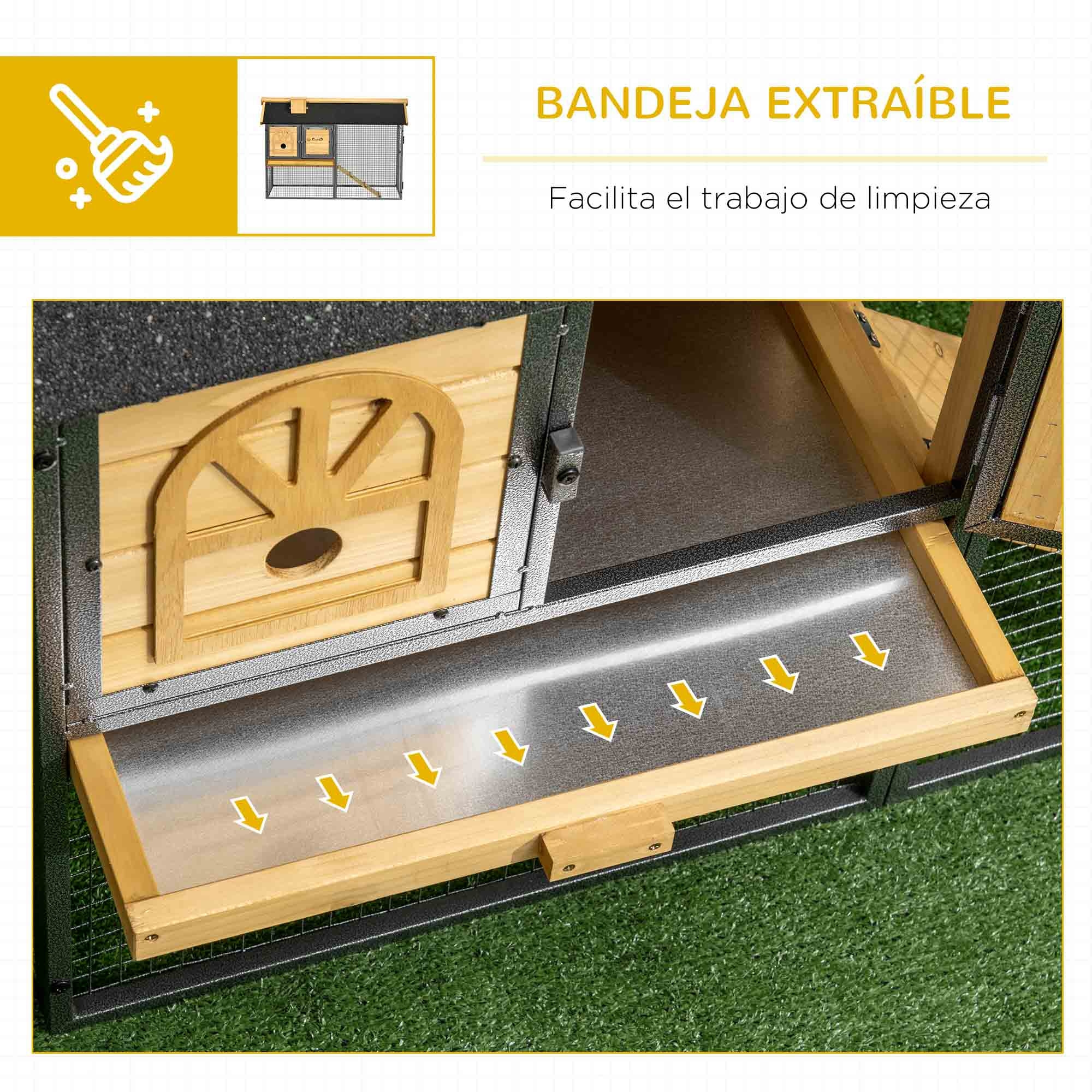 Conejera de Madera de 2 Niveles Jaula para Conejos con Zona Abierta Techo Asfáltico Bandeja Extraíble Puertas y Rampa Conejera para Exterior 120x55,5x80 cm Natural y Negro