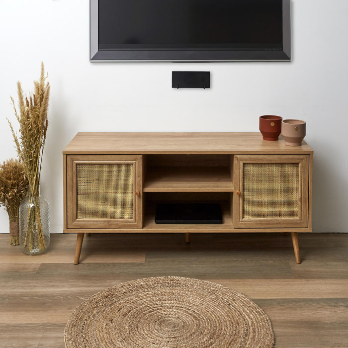 Meuble TV 1 porte 2 tiroirs en bois et cannage L160cm - BOMBONG