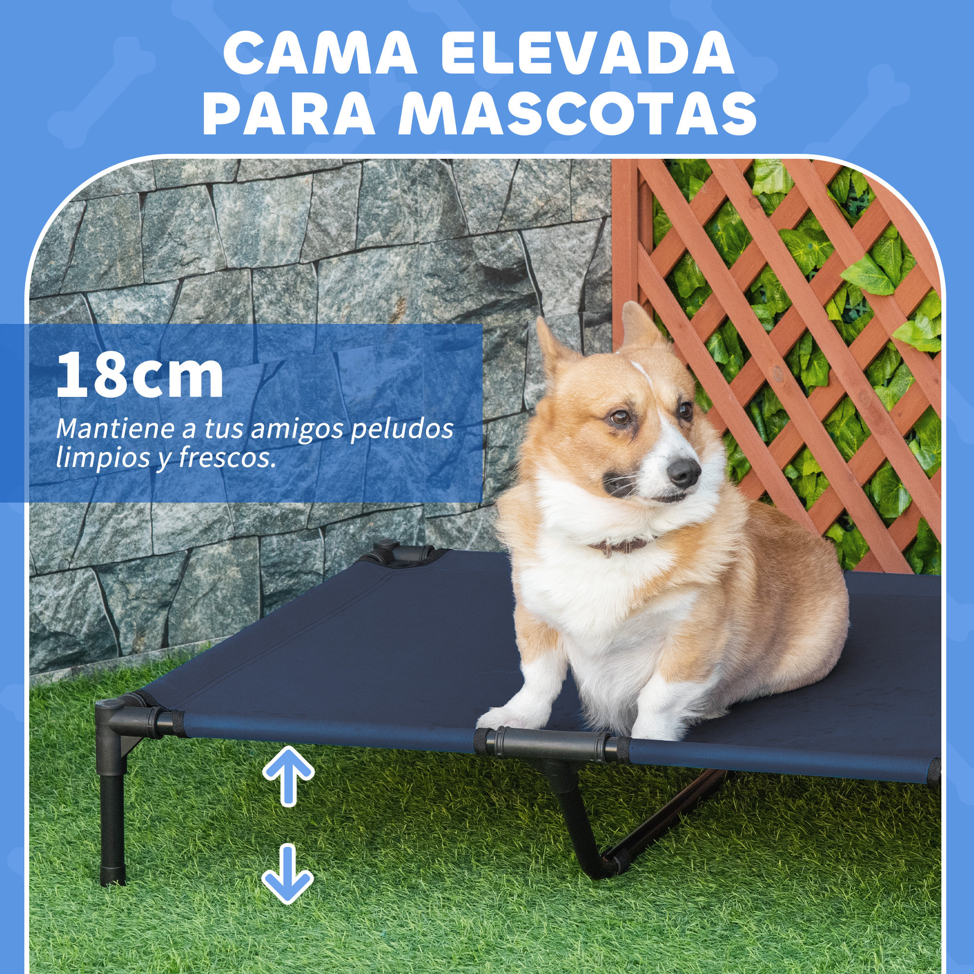 Cama Elevada para Perros, Refrescante y Transpirable, Cama para Perros Grandes, 92x76x18 cm, Tela Oxford, Marco de Metal, para Interior, Exterior, Azul