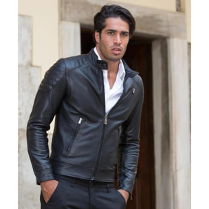 Giacca moto in pelle nera biker trapuntato spalle effetto liscio