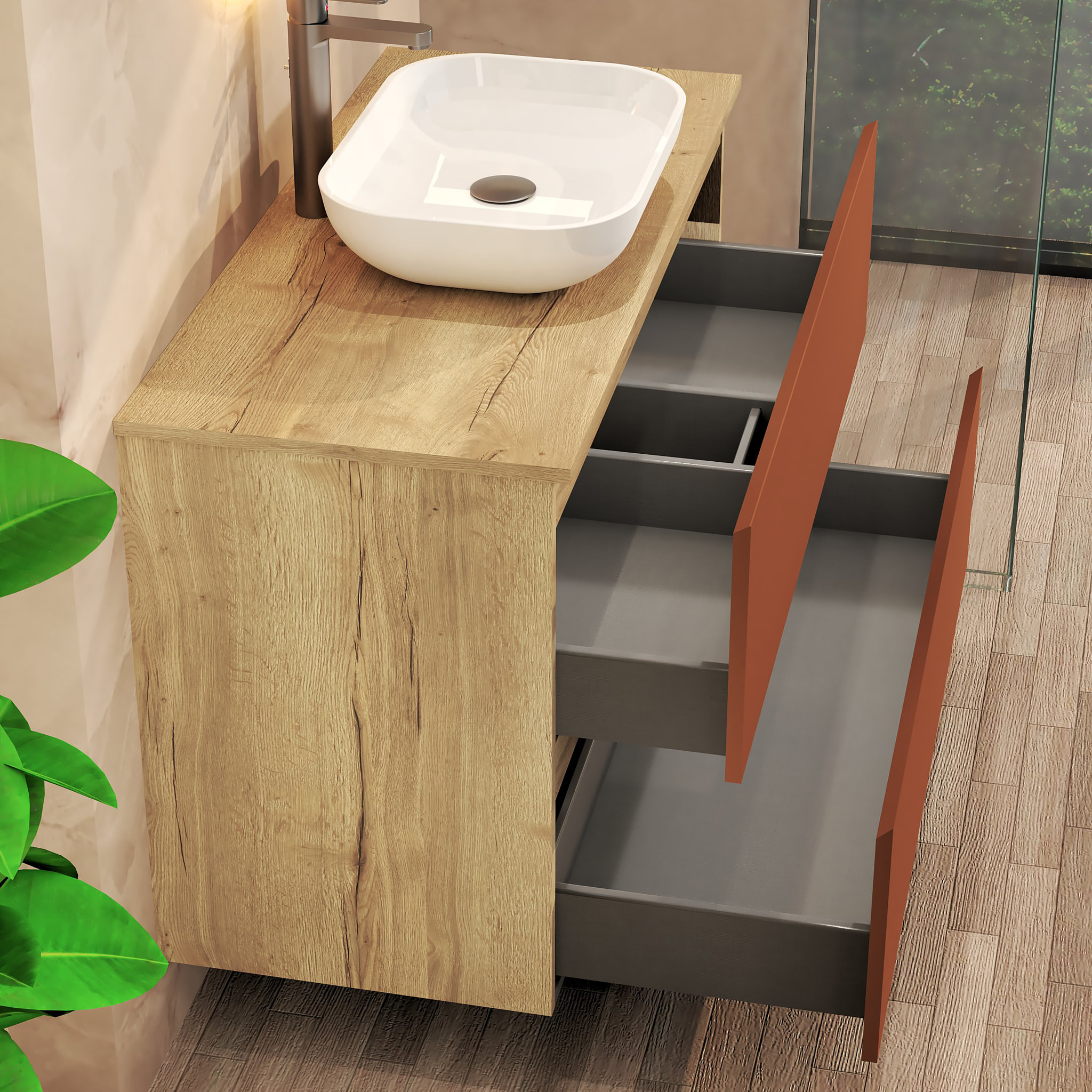 Conjunto de Baño Nia | Mueble Suspendido | 100 cm Scarlato | Dos Cajones | Lavabo Sobrepuesto | No incluye Espejo | Mueble Montado| Alday