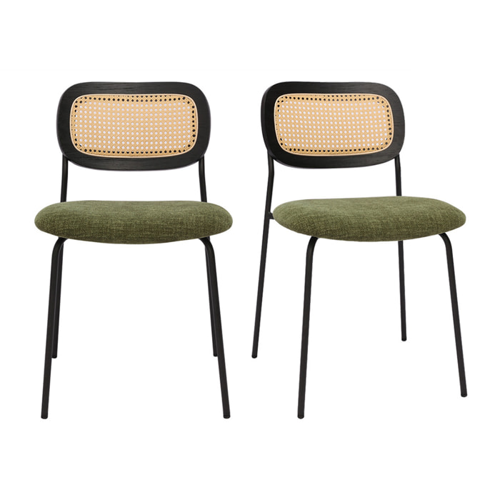 Chaises design en tissu effet velours texturé vert kaki, métal noir et cannage rotin (lot de 2) MIRANDA