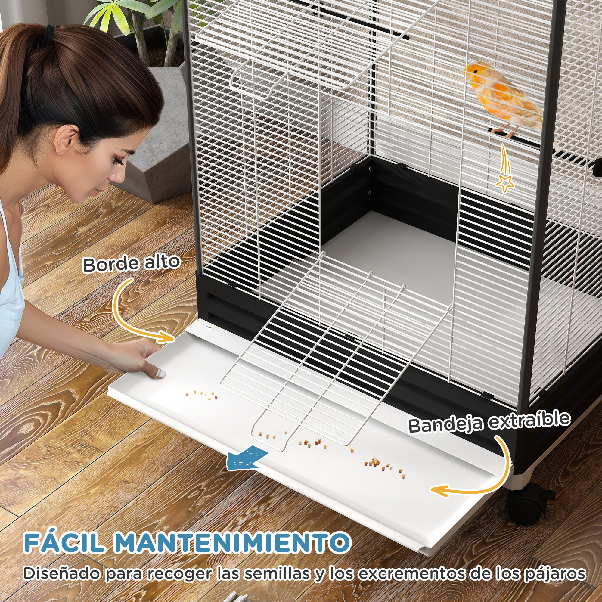 Jaula para Pájaros con Ruedas Pajarera Metálica con Bandeja Extraíble 4 Puertas 2 Comedores 8 Perchas para Canarios Periquitos 79x65x155 cm Negro