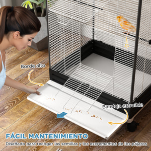 Jaula para Pájaros con Ruedas Pajarera Metálica con Bandeja Extraíble 4 Puertas 2 Comedores 8 Perchas para Canarios Periquitos 79x65x155 cm Negro