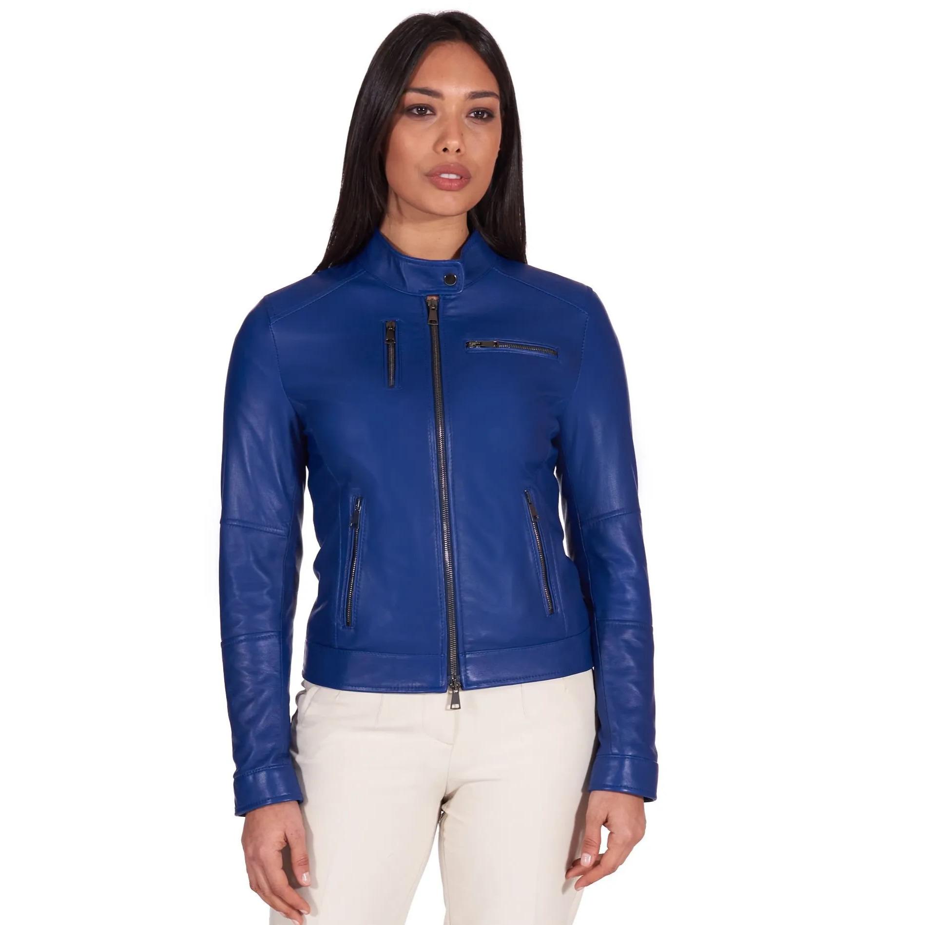 Giacca biker in pelle naturale bluette effetto liscio