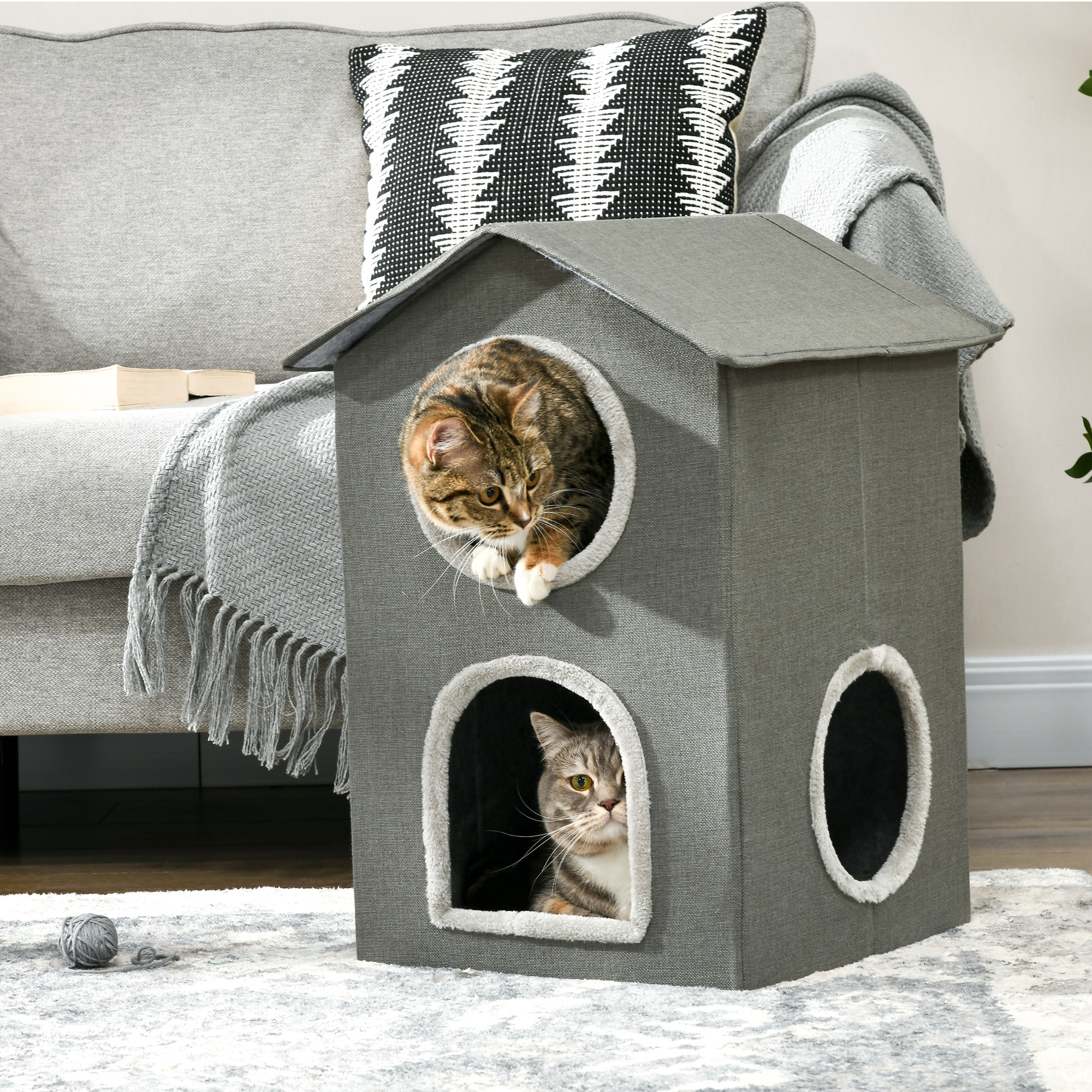 Casa para Gatos de 2 Niveles Cama para Gatos Cueva para Gatos con 3 Puertas y Cojines Lavables 42x46x59,5 cm Gris