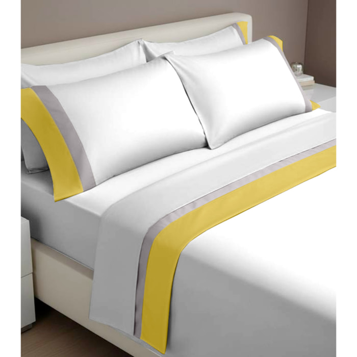 Completo letto doppia balza RASO IPERSAN Puro Cotone Ocra/Grigio CH fondo Bianco