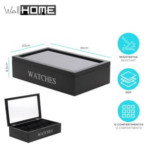 caja mdf para 12 relojes 34x20x8.5cm, color negro con impresión plateada