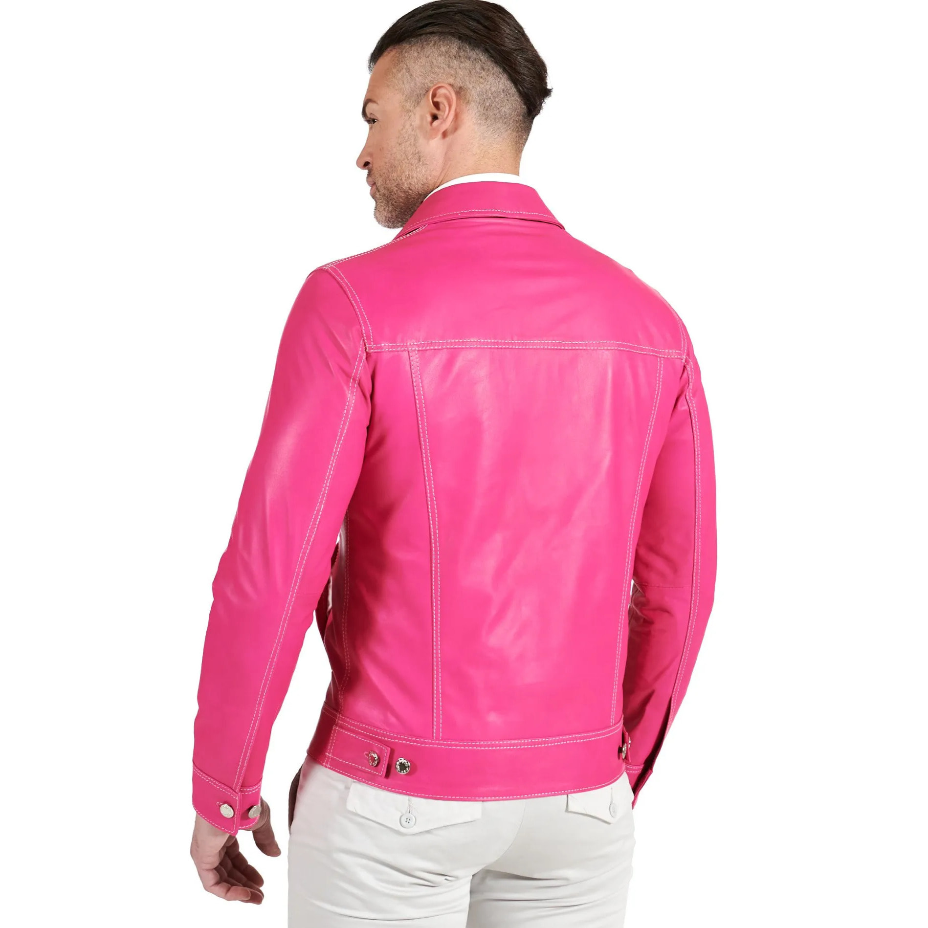 Giacca pelle naturale fuxia con bottoni e collo camicia