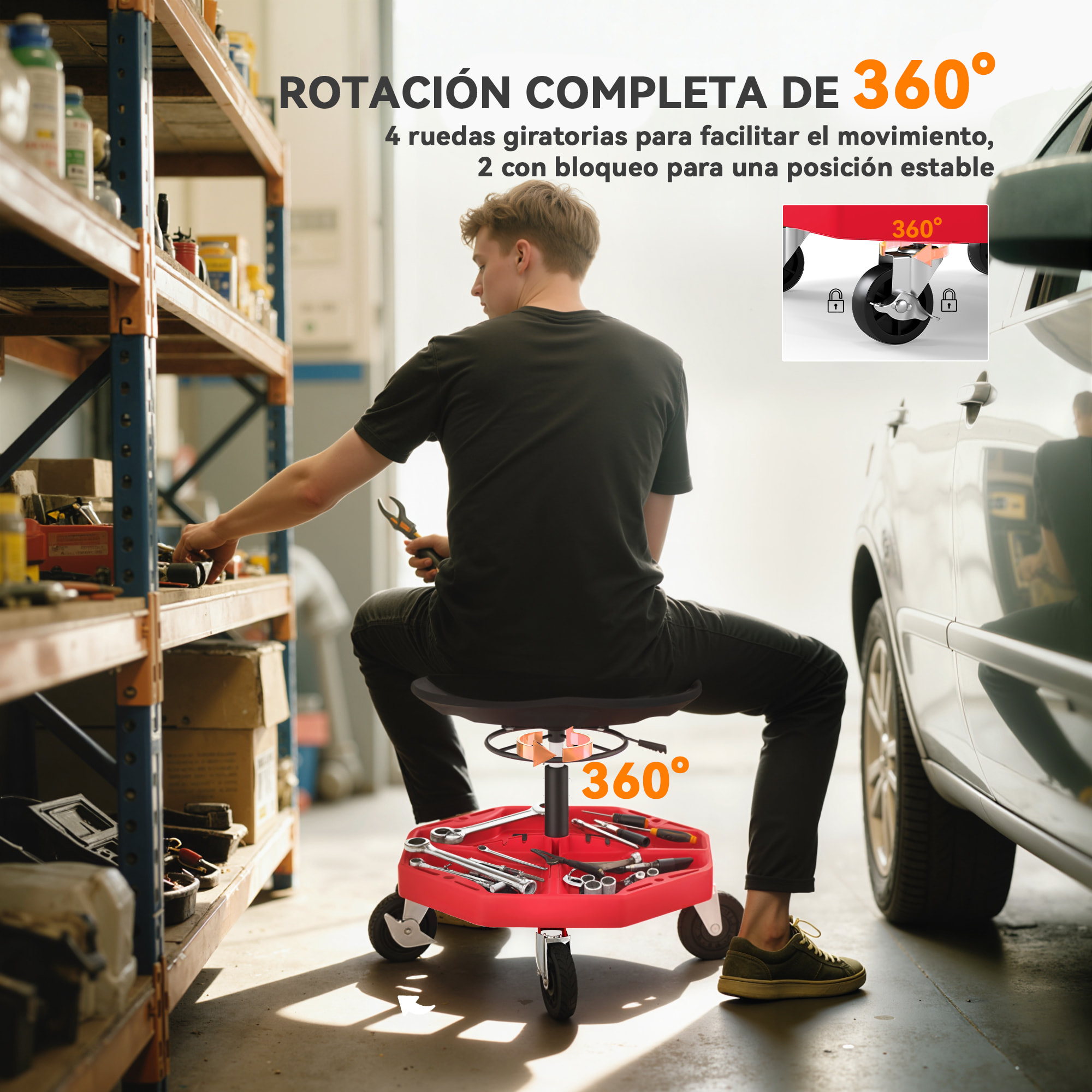 Taburete de Taller Móvil con Bandeja Magnética, Altura Ajustable de 52–59,5 cm, Carga 135 kg, Asiento Taburete para Mecánico con Ruedas, para Garaje, Reparación de Automóviles, Rojo