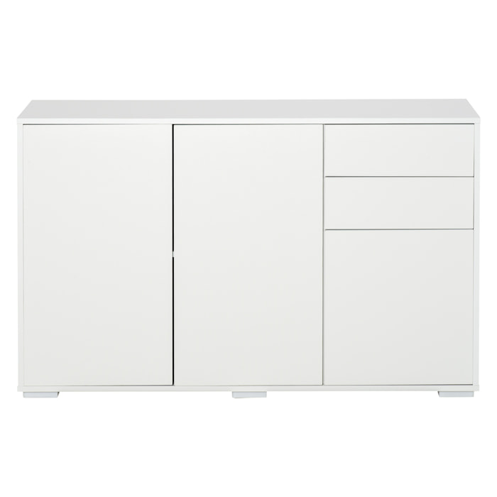 Commode buffet de rangement 2 tiroirs coulissants 3 portes étagère réglable panneaux de particules 117 x 36 x 74 cm blanc