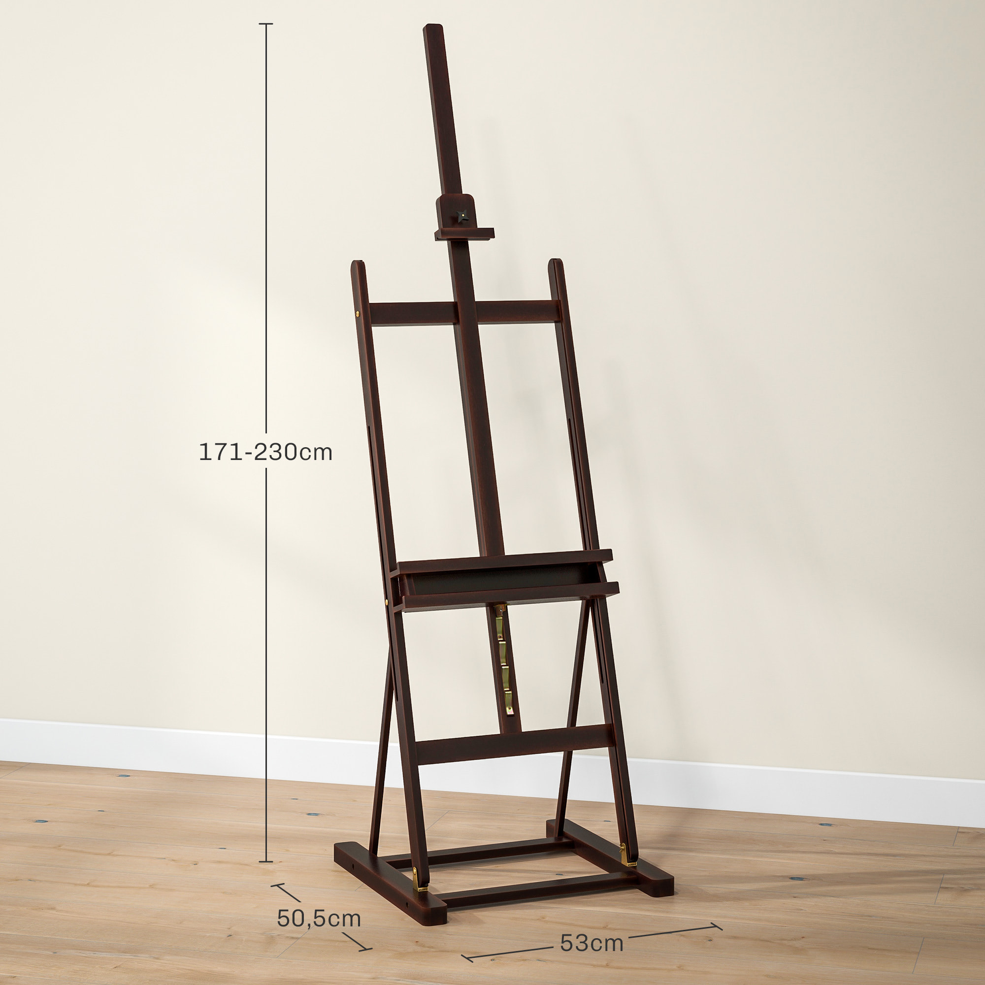 Caballete de Pintura, 230 cm, Caballete de Madera con Altura y Ángulo Ajustables, Almacenamiento, para Adultos, Artistas, Pintor, Estudiantes, Marrón