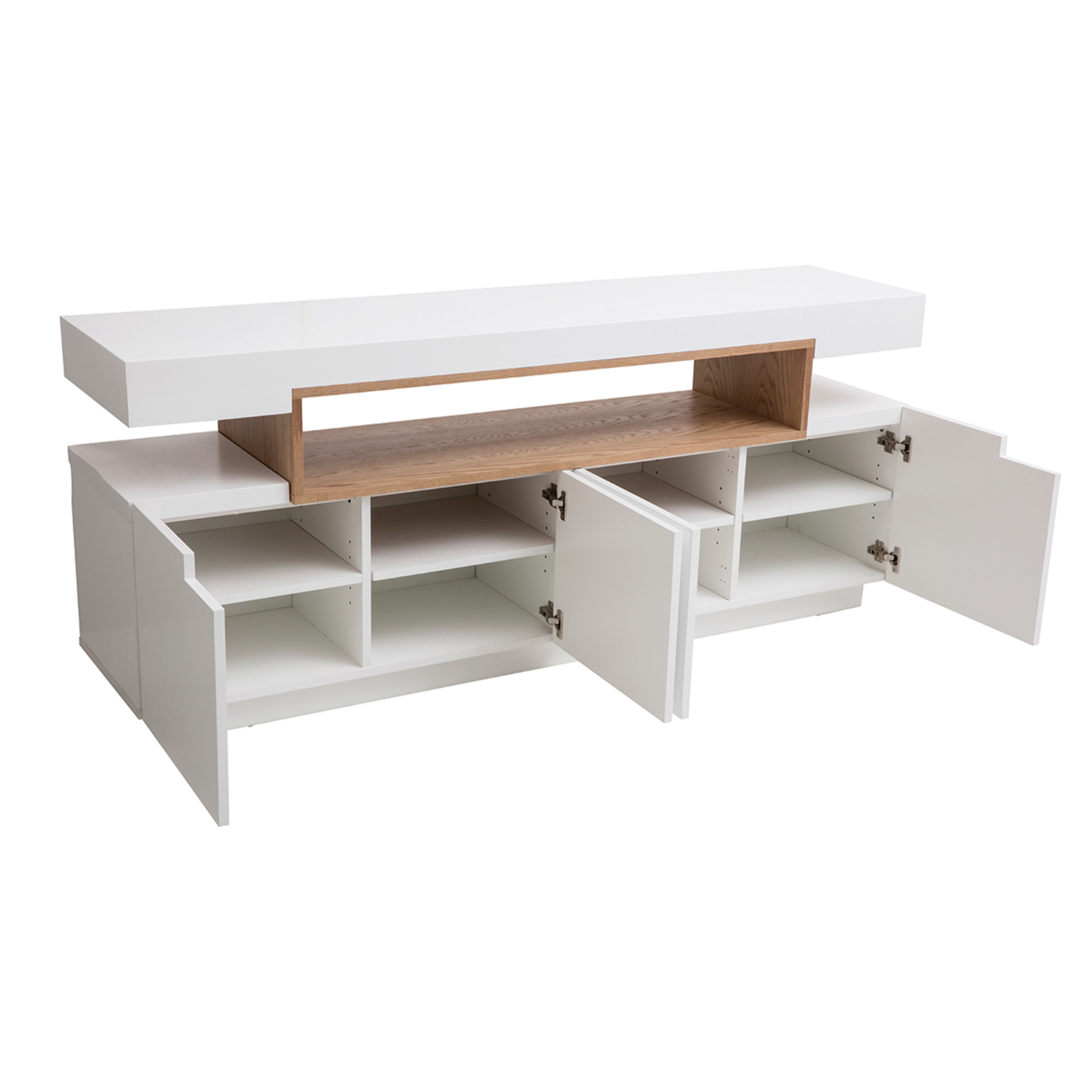 Buffet scandinave blanc laqué brillant et bois 4 portes L180 cm LIVO