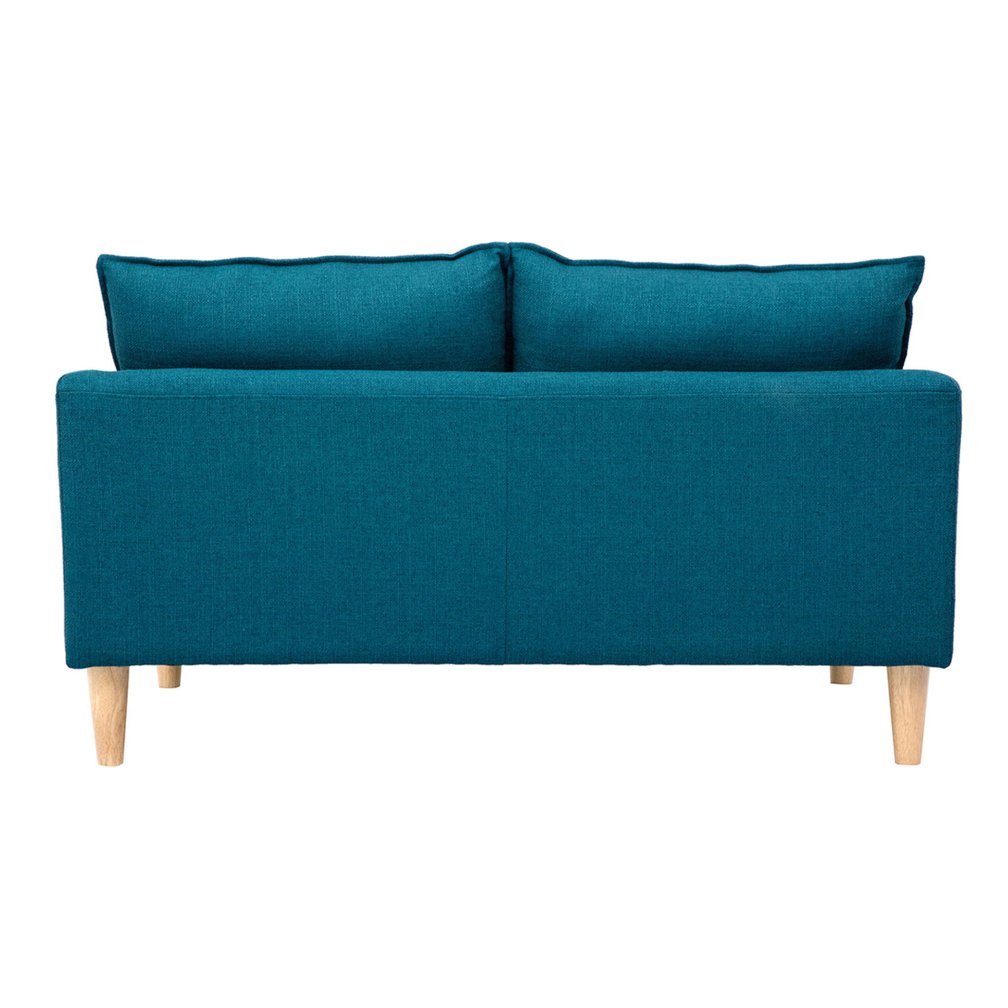 Canapé scandinave 2 places en tissu bleu canard et bois clair KATE