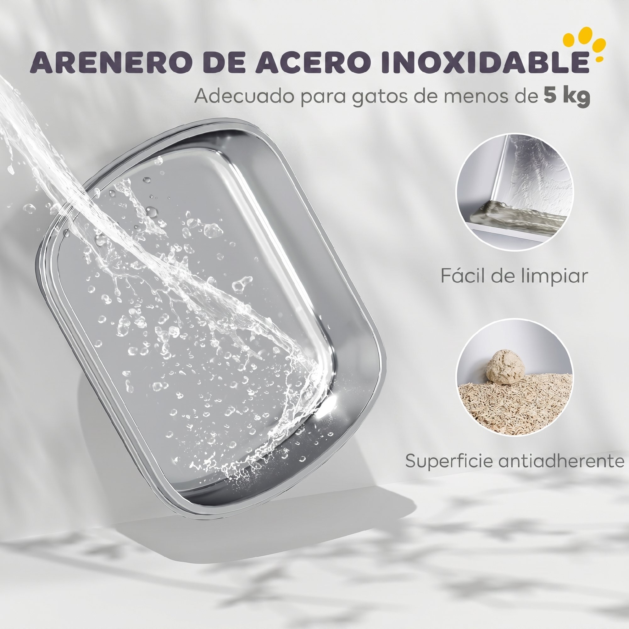 Arenero para Gatos Cubierto de Acero Inoxidable, Caja de Arena para Gatos, Arenero con Bolsa Desodorizante, Pala, Control de Olores, Antiadherente y Fácil de Limpiar, Gris Oscuro