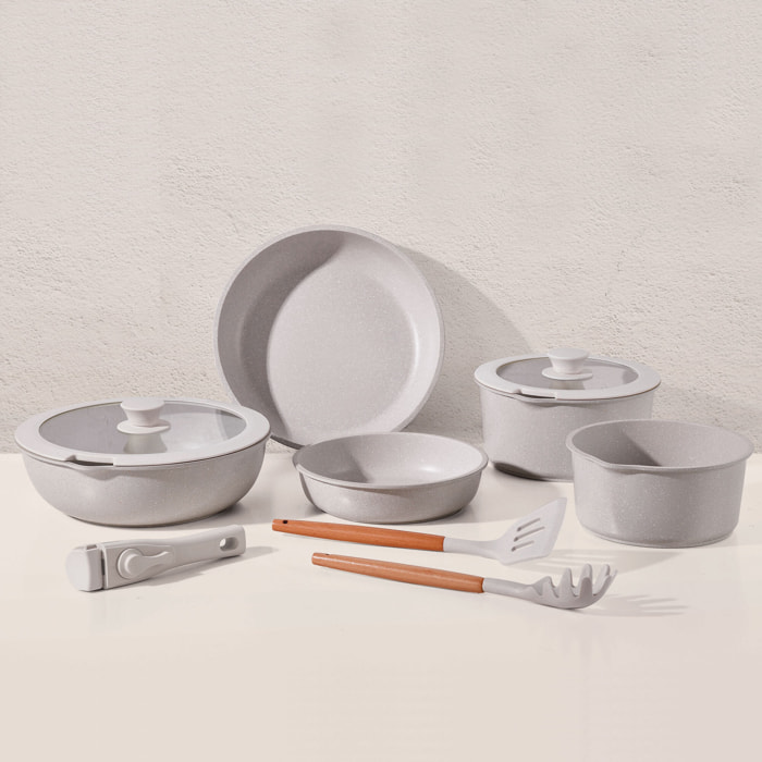 Batería de cocina 10 pzs beige/mango extraíble,3 sartenes,2 cazos,tapas y utensilios/aluminio fundido revestimiento antiadherente