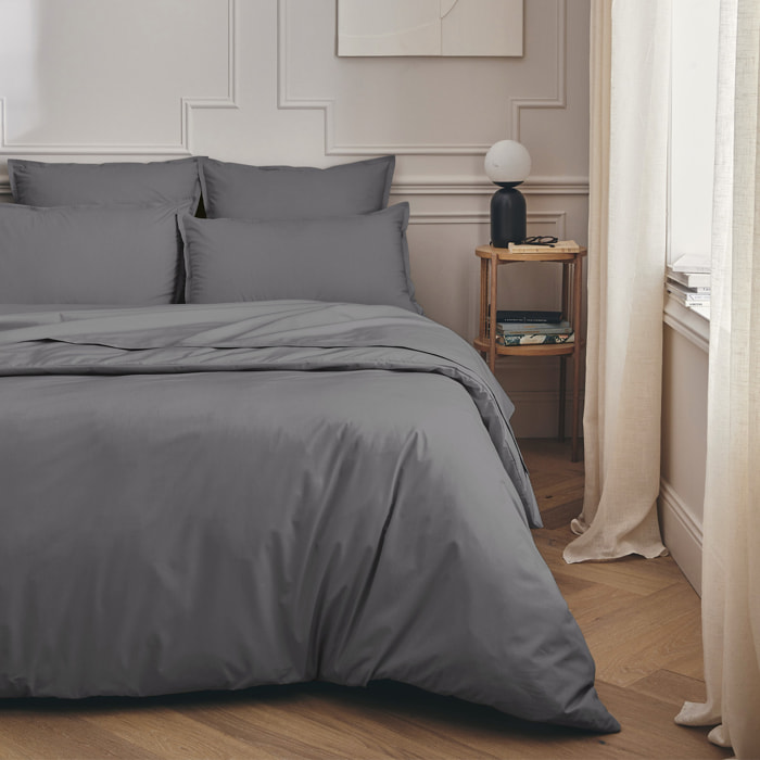 Drap housse uni en percale de coton, bonnet de 40cm, PREMIÈRE, Gris Basalte