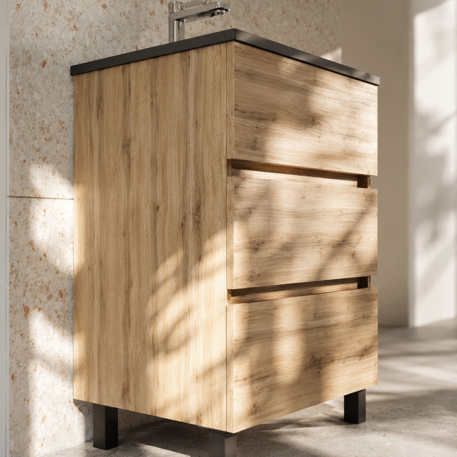 Pack Meuble Salle de Bains 50cm Chêne Naturel 3 Tiroirs avec Vasque Céramique Noire - TIMBER