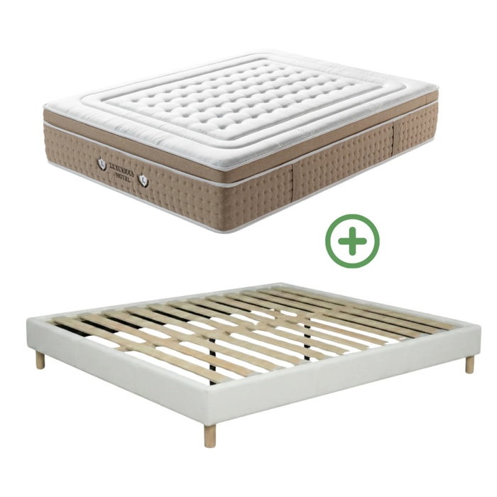Ensemble matelas Bali & sommier Cancun | Mémoire de forme et ressorts ensachés | Cadre à lattes | Simili cuir | Blanc
