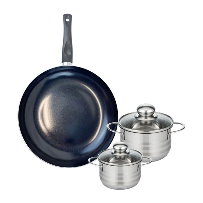 Ensemble de 1 Poêle de cuisson 28 cm et 2 faitouts 12 et 14 cm Elo Prima Brillant
