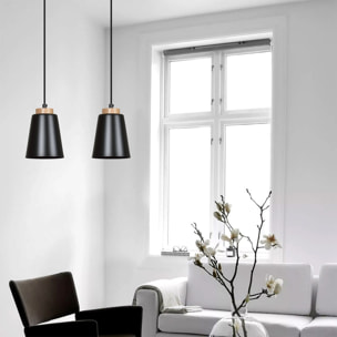 Lampada a sospensione Bolero in acciaio nero e legno
