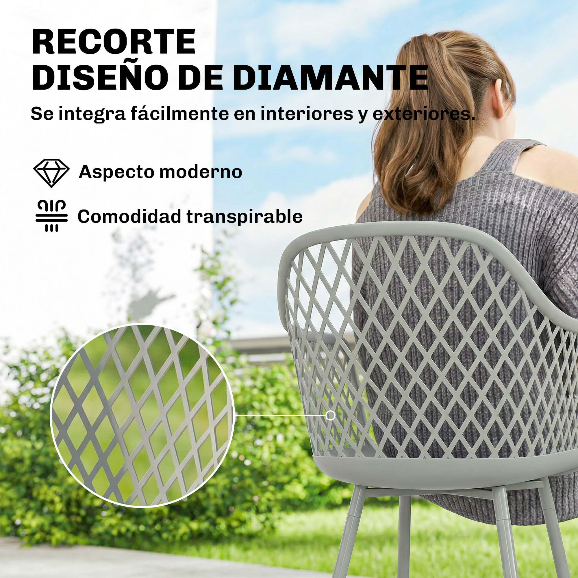 Juego de 4 Sillas de Jardín Exterior, Sillas Terraza Exterior con Respaldo Diamante, Asiento de PP Anti-UV, Reposabrazos y Patas Metálicas, para Terraza, Balcón, 56x51x84 cm, Gris