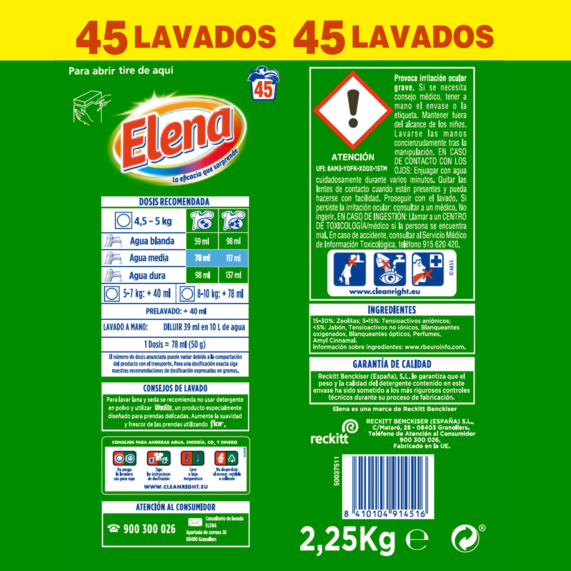 Elena detergente para lavadora, apto para ropa blanca y de color, formato polvo - 45 lavados