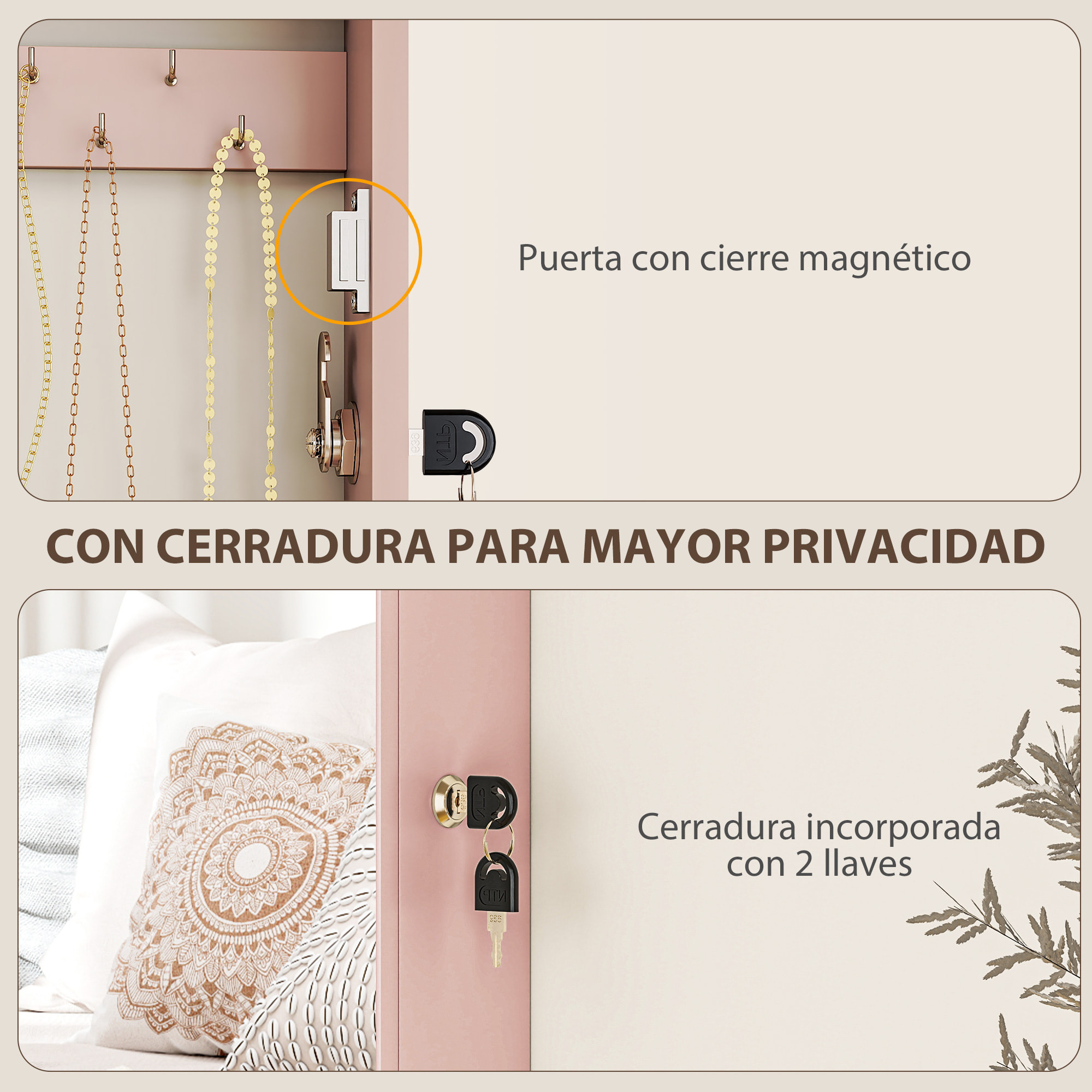 Espejo Joyero de Pared Armario para Joyas con Cerradura y Varios Compartimentos Montar en Pared o Puerta para Pendiente Collar Anillo Pulsera Rosa y Forro Beige