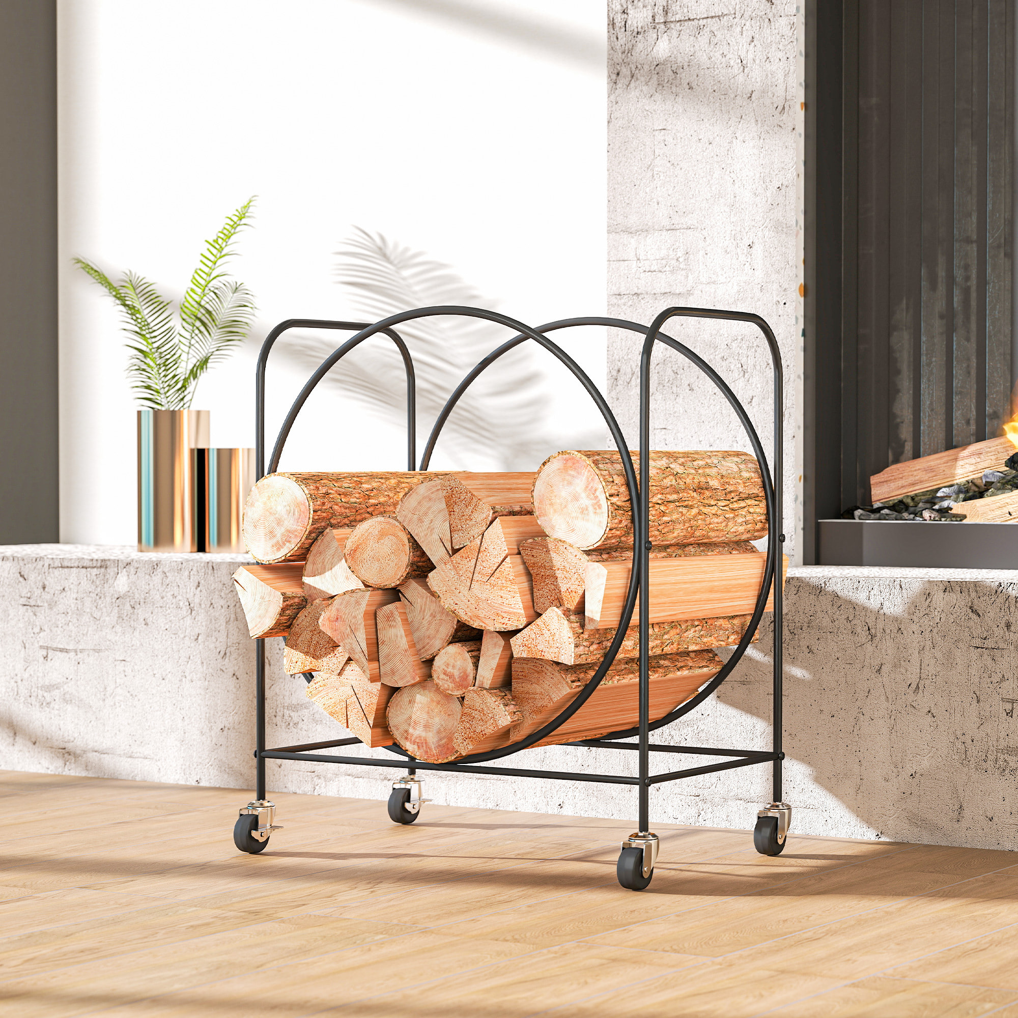 Estante de Leña de Metal con Ruedas, 51x30x60 cm, Leñero Exterior e Interior, Soporte para Leña de Chimenea, Almacenamiento para Madera, Negro