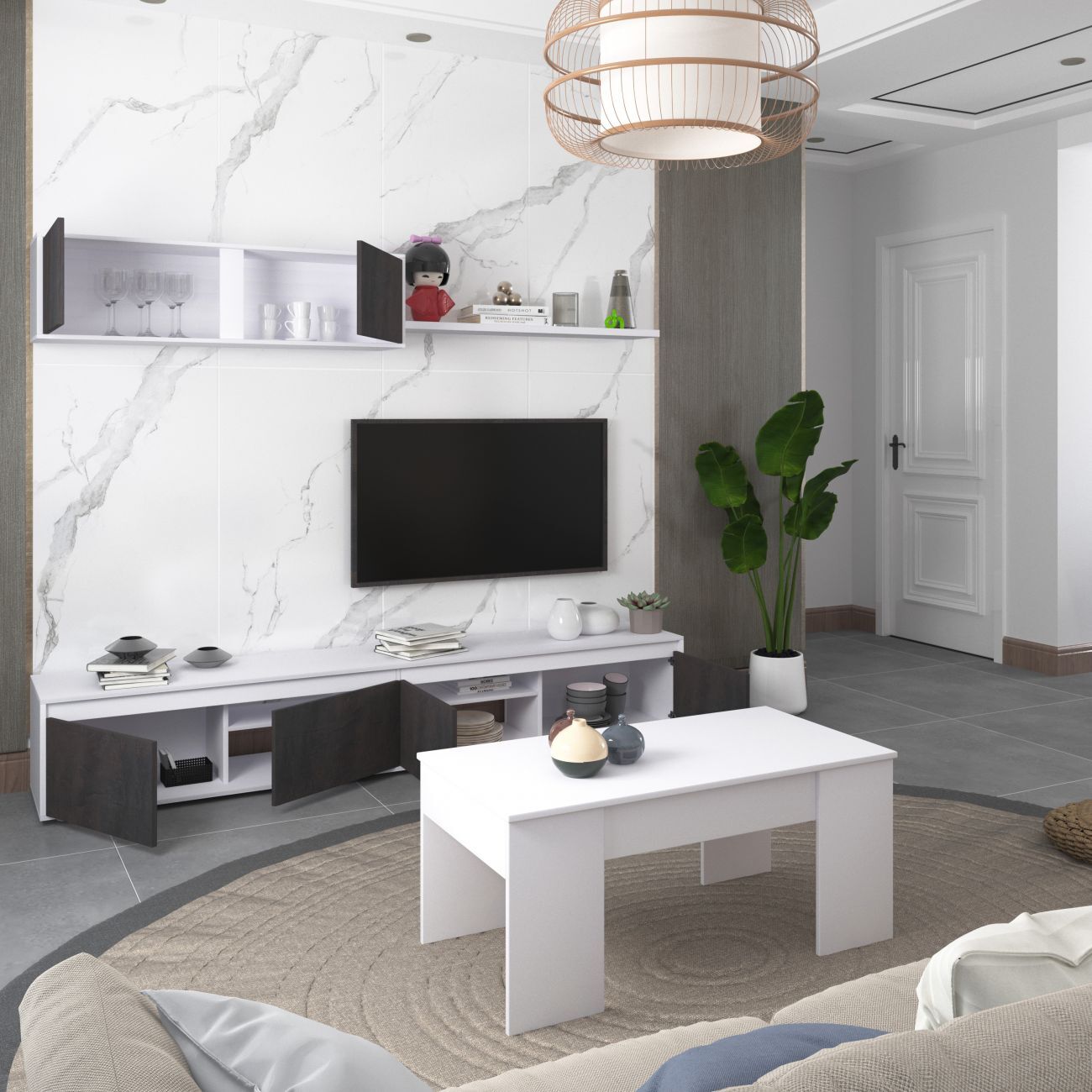Salón con mueble de TV y estantería en blanco mate y óxido 200 cm Arlet Blanco Artik (Blanco Mate) - Óxido