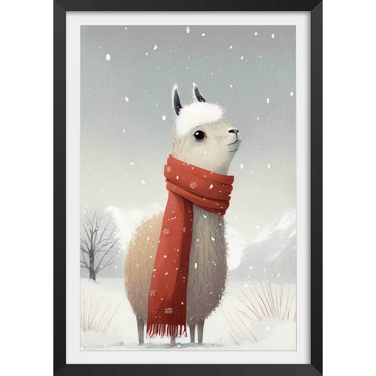 Affiche enfant lama et son écharpe  Affiche sous cadre noir